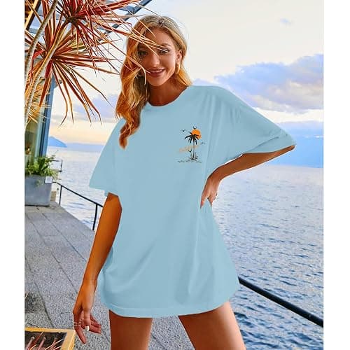 KEEVICI Beach California T Shirts Oversized Beachy Graphic Tees for Women Vintage Shirts Baggy Summer Cotton Vacation Tops thumbnail 4