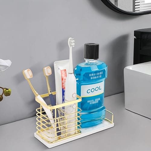 HarJue Toothbrush Holder, Luxurious Metal Toothbrush Toothpaste Holder with Marble Base for Bathroom, Multi-Slots Openwork Design, Bathroom Accessory for Storage and Organizer (Large, Gold) thumbnail 2