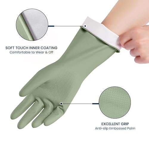 Rubber Cleaning Gloves for Dishwashing, 4 Pairs Reusable Kitchen Gloves for Washing Dishes and Household Cleaning, Green Dish Gloves with Flocked Lining and Non-Slip Grip, Pefect for Woman Men - M thumbnail 2