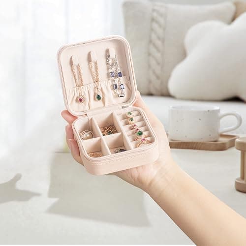 VOMNA Mini Jewelry Travel Case,Small Jewelry Box,Traveling Jewelry Organizer,Portable Jewellery Storage Holder for Rings Earrings Necklace Bracelet Bangle for Girls Women(Pink - 1 pack) thumbnail 4