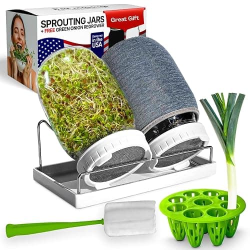 Premium Seed Sprouting Kit & Green Onion Regrower – 2 Wide-Mouth Mason Jars with Sprout Lids, Stainless Stand, Drain Tray, Blackout Sleeves & Cleaning Brush for Broccoli, Alfalfa & Mung Beans - Image 1