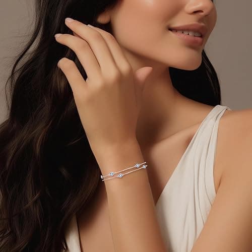 LOUISA SECRET Birthstone Bracelets for Women, 925 Sterling Silver Charm Link Double Strand Bracelet, Birthday Anniversary Christmas Jewelry Gifts for Wife Girlfriend Mother her… thumbnail 2