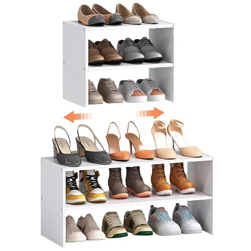 2-Tier Expandable White Shoe Rack Organizer for Closet, Stackable Shoe Rack Storage Shelf, Small Iron Wood Combination Shoe Shelves for Closets,Entryway,Front Door, Narrow Space,Hallway,6-12 Pairs - Image 1