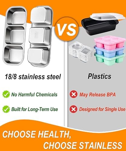 3-Pack Stainless Steel Snack & Lunch Containers for Kids & Adults, 20 oz | 3 Sealed Compartments, Dishwasher-safe, Leak-proof, Stackable, Clear lid, 10.7 in long, For daycare, school, work & travel thumbnail 4