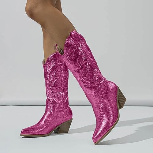 Women's Metallic Cowboy Boots, Embroidery Sparkly Chunky Heel, Western Wide Calf Shoes thumbnail 4