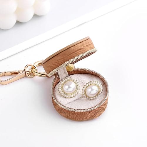 Oranllow 2 Pcs Portable Jewelry Ring Holder Boxs with Keychain, Small Jewelry Travel Sports Ring Keeper Case Earring Stud Necklace Storage Organizer Case (White+Khaki) thumbnail 5