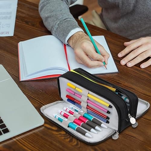 Chelory Large Capacity Pencil Case Big Pencil Bag Pouch 3 Compartment Pen Cases for Office Organizer High Storage Makeup Bag Men Women Adults, Black thumbnail 2