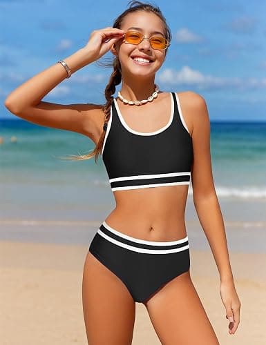 Actglow Girls Swimsuit Double Strap High Waisted Sporty 2 Piece Bikini Sets Swimwear Bathing Suits for Girls Swimsuits thumbnail 4