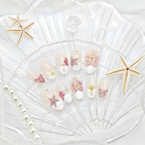 24Pcs White French Tip Press on Nails Medium Almond Hibiscus Fake Nails Beach False Nails 3D Flower Starfish Pearl Gems Designs Full Cover Summer Stick on Nails for Women Acrylic Nail Decorations thumbnail 3