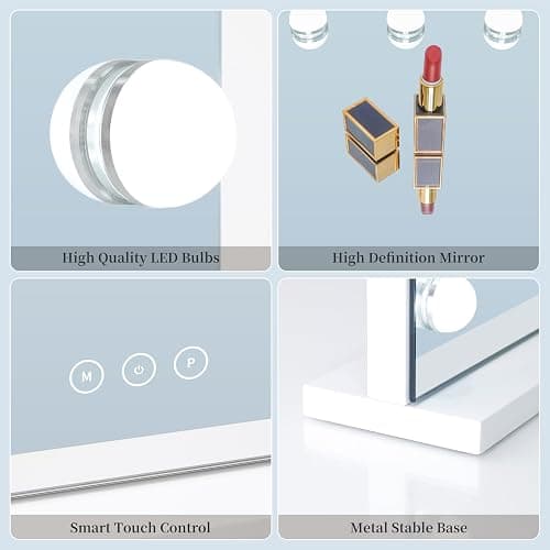 NUSVAN Vanity Mirror with Lights Lighted Makeup Mirror with 15 Dimmable LED Bulbs,3 Color Lighting Modes,USB Charging Port Touch Control,Sturdy Metal Frame Design 24x18 Inch,White thumbnail 6