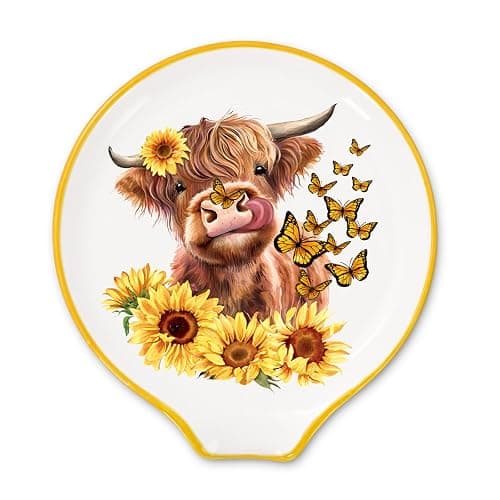JarThenaAMCS 4.7inch Highland Cow Spoon Rest Watercolor Sunflower Butterfly Cow Small Coffee Spoon Holder for Fall Spring Summer Coffee Stirrers Teaspoon Bar Coffee Station Accessories Kitchen Decor - Image 1