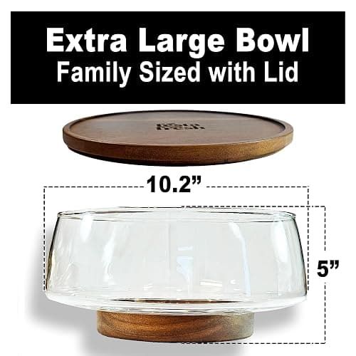 Festa Fresh Glass Salad Bowl Set with Acacia Wood Base, Lid and Serving Utensils, Clear 10 Inch 160 oz Party Bowl for Elegant Practical Serving thumbnail 9
