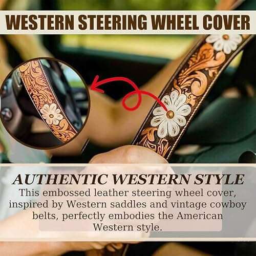 Western Steering Wheel Cover, Anti-Slip Universal Fit For Suvs/Trucks, Print Design, All-Weather Breathable Car Interior Accessory - Universal 15 Inch (C-3) thumbnail 3