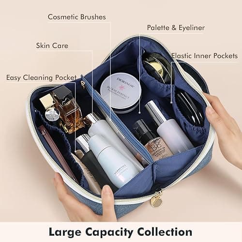 Prite Travel Cosmetic Bag Makeup Organizer Bag for Women Large Capacity Waterproof PU Leather Toiletry Bag with Handle and Clear Divider(Blue Flower) thumbnail 4