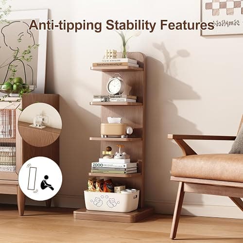 WoodsWhisper Narrow Bookshelf Ladder Bookshelf 5 Shelf Bookcase, Mid Century Modern Bookcase with Freestanding Display Shelves,Anti-tip Device and Thickened Base for Small Space,Living Room, Office - Walnut - 5C thumbnail 5