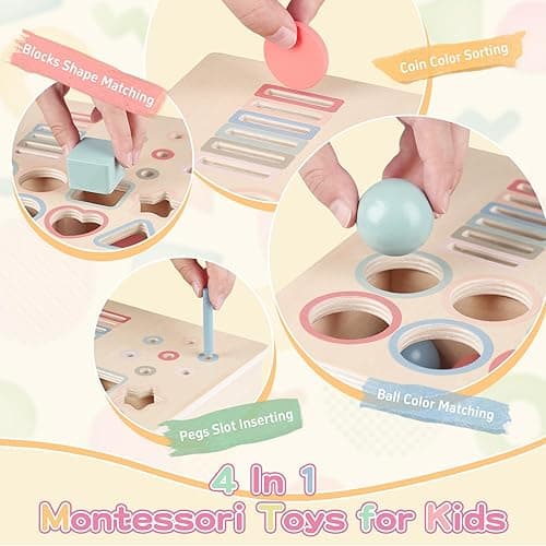 Pajojoqa Montessori Toys for 2 3 4 5 Color Sorting - Wooden Object Permanence Box with Drawer Sensory Toys Shape Sorter Education for Baby Toddler Boy Girl Drop Busy Box 4 in 1 thumbnail 4
