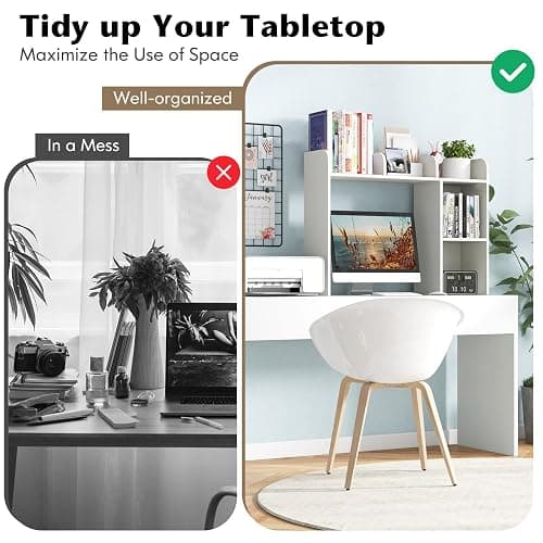 Tangkula Desktop Bookshelf, Countertop Storage Hutch with 5 Shelves for Computer Desk, Desktop 3-Tier Display Rack, Multipurpose Wood Desktop Hutch Storage Organizer for Dorm Office Home - White-5 Shelves thumbnail 9