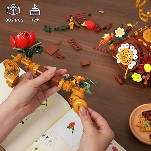 PLAXSOON Flowers Retro Telephone Clock Building Set, 2 in 1 Collectible Vintage Phone Model Building Block Kit with Realistic Design, 882 PCS Home Office Decor, Gift for Adults Teens Girls Boys 12+ thumbnail 8