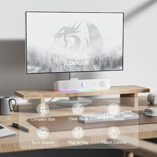Redragon GS560 RGB Desktop Soundbar, 2.0 Channel Computer Speaker with Dynamic Lighting Bar Audio-Light Sync/Display, Touch-Control Backlit with Volume Knob, USB Powered w/ 3.5mm Cable, White thumbnail 2