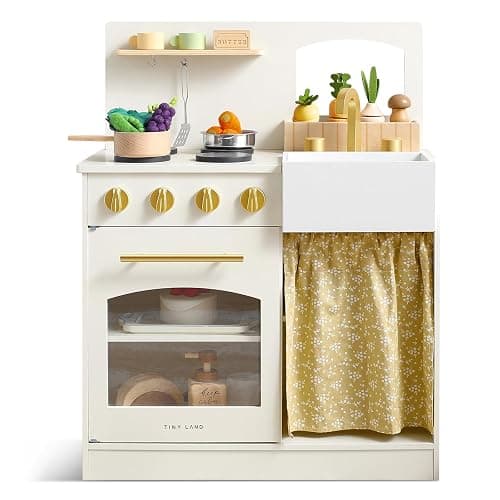 Tiny Land Toddler Kitchen Playset, Wooden Play Kitchen Set Toy with Cutting Food & Cookware, Oven, Clicking Knobs, Stove and Sink, Small Toy Kitchen Gift for Kids, Girls & Boys - Cream - Image 1