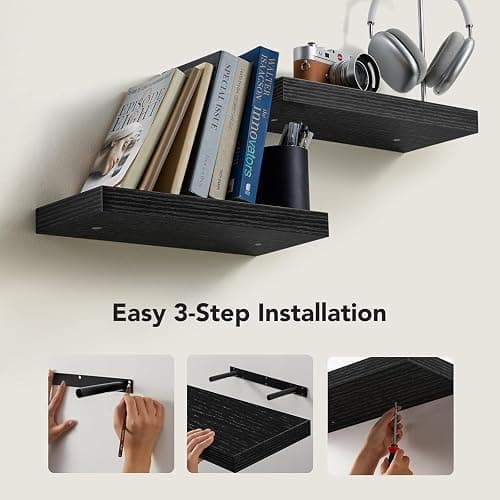 Amada HOMEFURNISHING Floating Shelves Wall Mounted, 15 x 7 Inch Wall Shelves for Bathroom, Bedroom, Living Room, Black Shelves Set of 2 thumbnail 6
