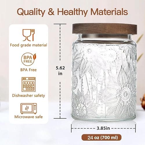 24 OZ Airtight Glass Storage Jar with Bamboo Lid - Vintage Glass Jar Vintage Food Containers Canisters Set for Kitchen Counter & Pantry - Ideal for Sugar, Flour, Coffee, Tea, Candy, Oats -2 Pack thumbnail 3