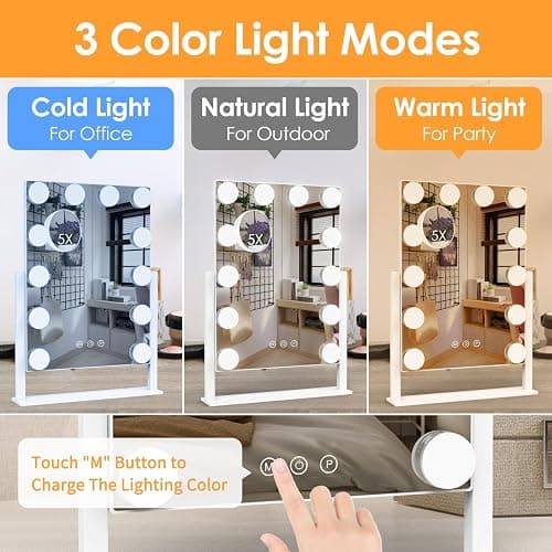 Dirket Vanity Mirror with Lights, Hollywood Lighted Makeup Mirror with 3 Color Lighting Modes and 12 Dimmable Bulbs, Detachable 5X Magnification, Smart Touch Control, 360°Rotation, White thumbnail 3