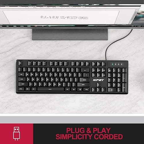 NPET K10V1 Wired Computer Keyboard, Plug & Play Full-Size with 12 Multimedia Keys, Spill-Resistant Design, 6.2ft USB Cable, for PC/Laptop (Black) thumbnail 5