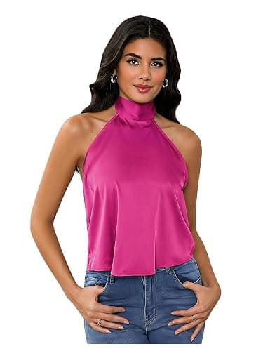 MakeMeChic Women's Satin Silk Halter Tank Tops Backless Going Out Top | Open Back Top, Sleeveless, High Neck, Cute Summer Tops, Classy, Sexy Tops, Party, Club thumbnail 2