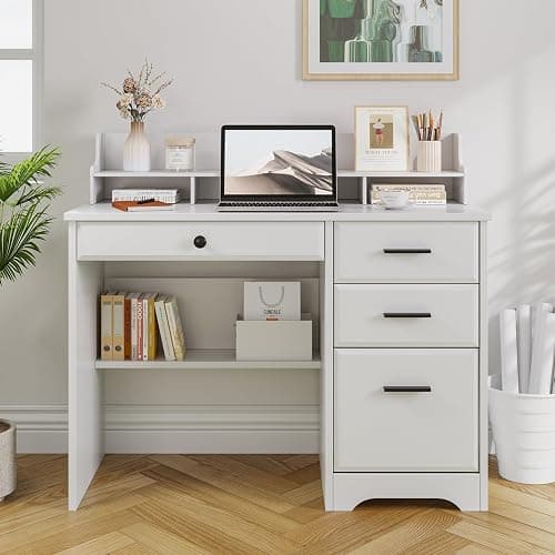 4 EVER WINNER White Desk with Drawers, 44 Inch Small Computer Desk with File Drawer and Monitor Stand, Wood Desk with Storage Shelf for Small Spaces, Living Room, Bedroom, White - Image 1