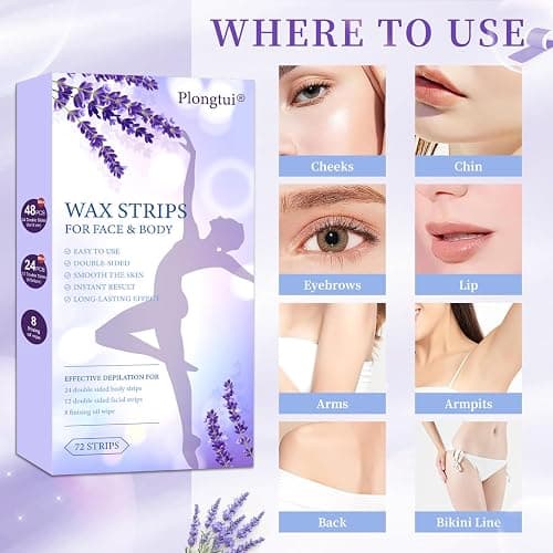 72PCS Wax Strips for Hair Removal, 48 Body & 24 Face Wax Strips with 8 calming Oil Wipes, At Home Waxing Kit for Women & Men - Body, Arms, Legs, Back, Bikini & Brazilian, Hypoallergenic All Skin Types thumbnail 5