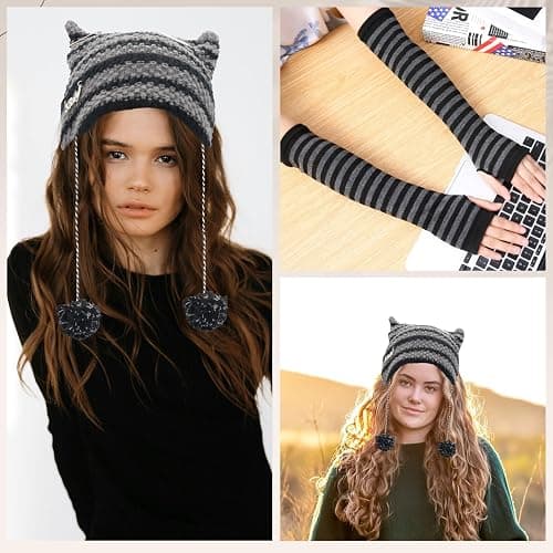 Scettar 2 Paare Damen Lange Fingerlose Handschuhe ，1 Paar Katzenohren-Mützen，Gestreift Stricken Armwärmer für Frauen, Y2k Streifen Fingerlose Armstulpen Handschuhe für Herbst Winter thumbnail 7