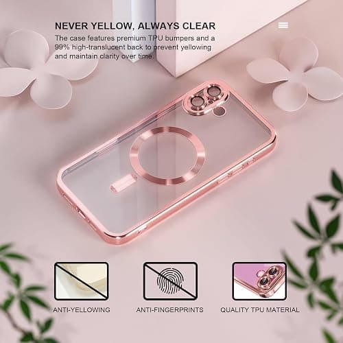 Misea Magnetic for iPhone 16 Plus Case with MagSafe [Never Yellowing] [Military Grade Drop Protection] Full Camera Lens Protector Plating Soft Clear Phone Case for Women Girls 6.7 inch, Pink thumbnail 3