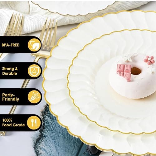 Lullaby 96PCS Ivory Scalloped Plastic Plates with Gold Rim, Disposable Elegant Plates Include 48pcs Dinner Plate 10.25", 48pcs Dessert Plate 7.5", Perfect for Daily Use, Wedding and Party thumbnail 5
