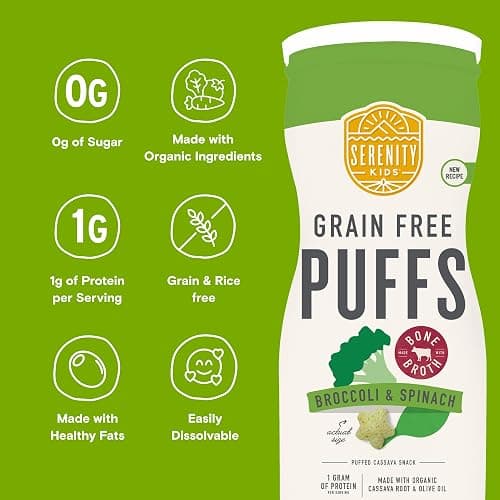 Serenity Kids 6+ Months Baby Veggie Puffs Toddler Snacks - Grain & Gluten-Free No Added Sugar - Organic Cassava Broccoli & Spinach - 1.5 Oz, 6 Pack - Image 1