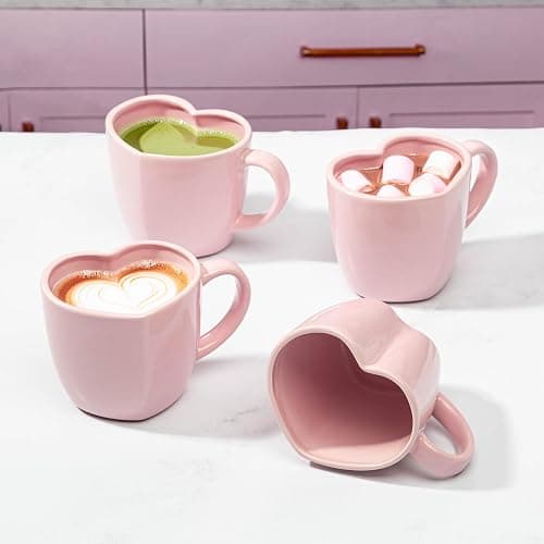 Paris Hilton Heart Shaped Ceramic Mug Set, Chic Stoneware Coffee Mugs for Coffee, Tea, Hot Cocoa, Microwave and Dishwasher Safe, 4-Piece, 14-Ounce, Pink thumbnail 2
