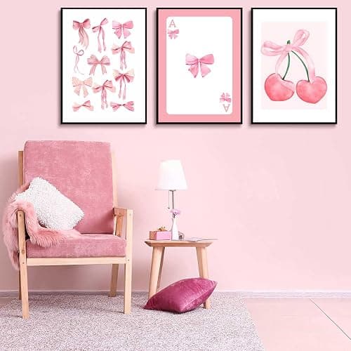 3Pcs Trendy Pink Bows Wall Art Preppy Watercolor Bows Canvas Posters Prints Girly Aesthetic Wall Decor Pictures for College Apartment Bedroom Decoration, Unframed 12x16in thumbnail 5