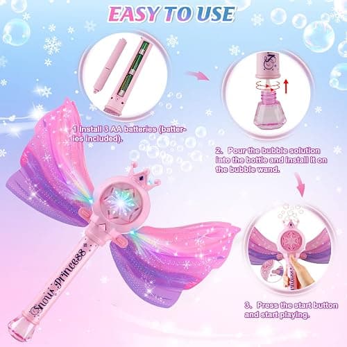 Britik Bubble Wands for Kids Girls - LED Light & Music Bubble Machine: 3 AA Batteries & 2 Bubble Solutions, Outdoor Party Birthday Toys for Toddlers, Gift for 3 4 5 6 7 8 Year Old Girls thumbnail 6