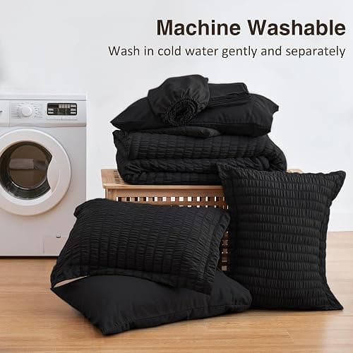 Love's cabin Seersucker Black Queen Comforter Set 7 Pieces, All Season Lightweight Bedding Set, Queen Bed in a Bag Comforter Set with Comforter, Flat Sheet, Fitted Sheet, Pillowcase and Pillow Sham thumbnail 6