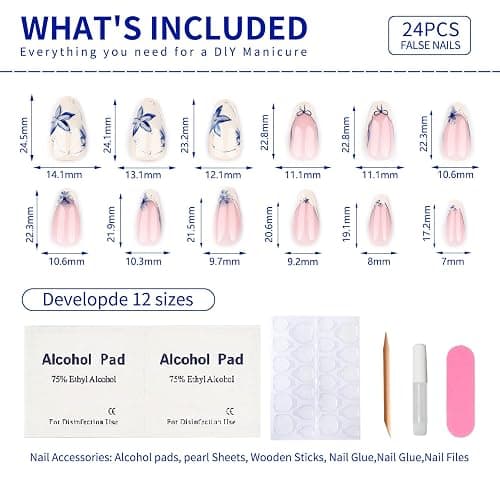 French Short Press On Nails Almond, Nude Fake Nails with Beige French Tip and Graceful Blue Floral Petal Design, Glossy Gel Finish Acrylic Nails, Natural Reusable Glue On Nails Kit for Women, 24 Pcs - 31-Petal Grace thumbnail 5