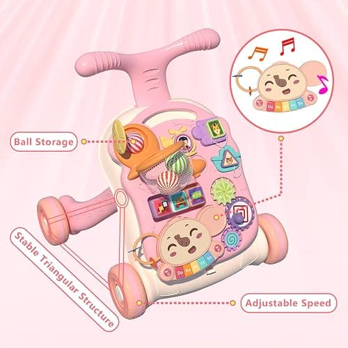 QDRAGON 3 in 1 Baby Walker and Activity Center for Girl, Learning to Walk, Sit to Stand, Early Educational Push Toys with Music Panel for Infant Toddler 12+ Months Pink thumbnail 8