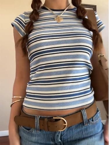 Alyweatry Women Striped Baby Tee Y2k Cute Graphic Short Sleeve Slim Fitted Going Out Crop Top Shirt thumbnail 2