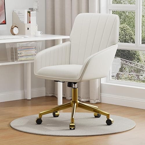 YISHENG Velvet Home Office Chair with Gold Base Upholstered Tufted Modern Height Adjustable 360 Degree Swivel Desk Chair with Wheels, Vanity Chairs for Living Room, Bedroom,Study Room (Cream) thumbnail 2