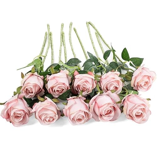 Flojery 10pcs Artificial Rose Flowers Long Stem Fake Silk Roses for DIY Wedding Bouquet Table Centerpiece Home Decor (Light Pink) - Light Pink thumbnail 4