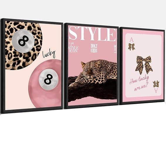 ACWOWO 3 PCS Pink Leopard Bow Canvas Wall Art Fashion Cheetah Painting Poster Lucky 8 Ball Wall Decor Pink Print Pictures for Girls Bedroom Living Room Home Decoration 12 * 16 in (Poster No Frame) - Image 1