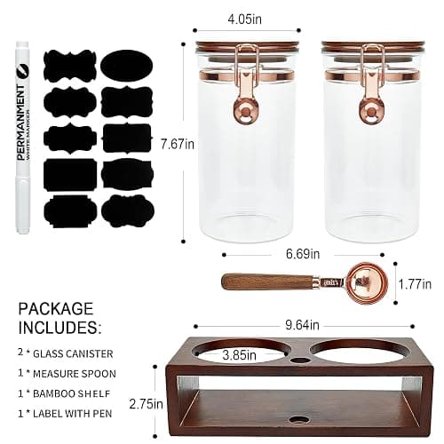 SIQOLNY Glass Coffee Container with Wooden Shelf, 2 x 40 FLOZ Coffee Bean Storage with Sealed Closure Clips and Copper Spoon, Kitchen Large Capacity Food Storage Jar, Ground Coffee Container thumbnail 3