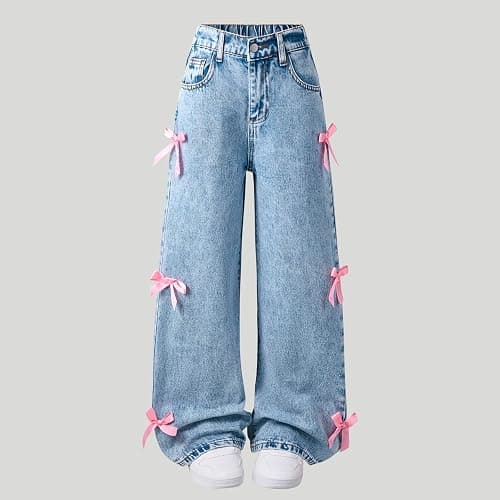 Bow Jeans for Girls Wide Leg Baggy Denim Pants Cute High Waisted Trousers Kids Casual Y2k Streetwear with Pockets 6-14Y thumbnail 7