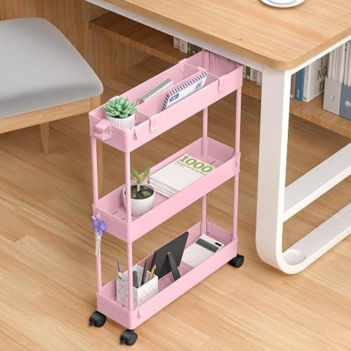 SPACELEAD Slim Storage Cart 3 Tier,Bathroom Organizer Rolling Utility,Mobile Shelving Unit Slide Out for Office, Kitchen, Laundry Room & Narrow Places,Pink - Pink thumbnail 5