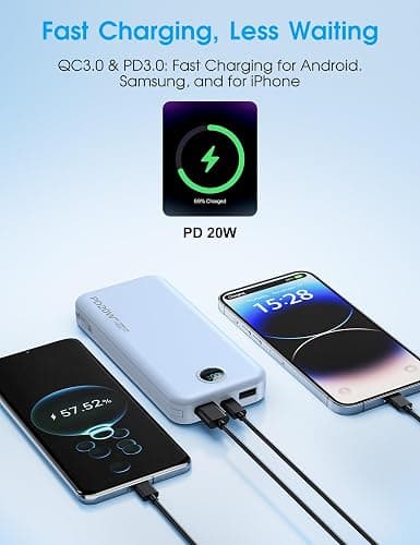 citicr Portable Charger 10000mAh PD20W w/Built-in Cables & Wall Plug Blue | Fast charging, Built-in wall plug, LED display, Charge 5 devices at once, Pass through charging, TSA approved, Pocket size thumbnail 5