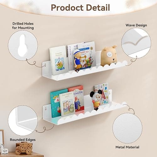Gattlukd Nursery Book Shelves, 17 Inch Metal Floating Shelves for Wall 4 Pack, Scalloped Shelves, Wall Mounted Book Shelf for Kids Bedroom, Baby Room, Nursery Decor (White) thumbnail 4